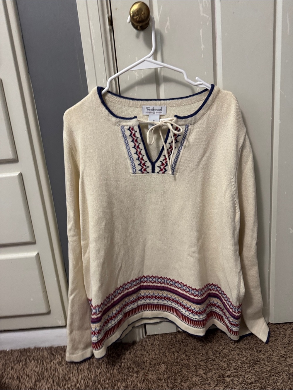 Westbound Cream Knit Tie-Front Pullover with Navy and Maroon Accents